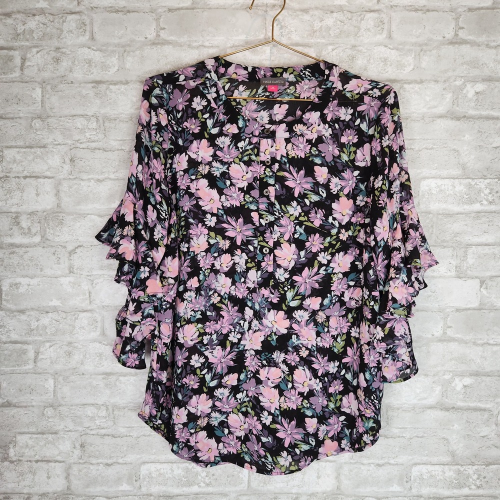 Vince Camuto Top Floral Ruffle Bell Sleeve Blouse Black Pink Cottagecore M